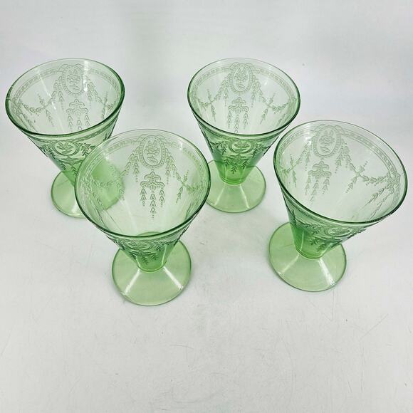 Depression Uranium Glow glass Belmont rose cameo Footed glasses 4 dessert cups - Picture 6 of 7